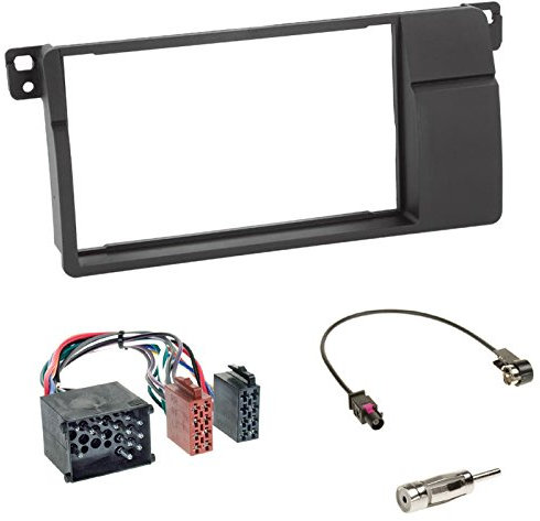 Doppel-DIN 2-DIN Blende Einbaurahmen Radioblende schwarz + ISO Radio Adapter Kabel Adapterkabel (17PIN RUND PIN Anschluss)+ Antennenadapter für BMW 3er (E46) ab 03/1998-02/2005