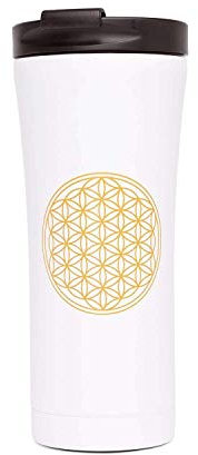 Bodhi Gobelet isotherme en acier inoxydable | Gobelet isotherme anti-fuite avec fleur de vie en blanc | Gobelet réutilisable à double paroi 480 ml | Sans BPA