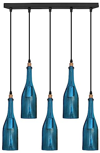 LEDSone Pendant Light Fixture Five Head Blue Coloured Glass Bottle Mini Pendant Lighting for Cafe Restaurant Kitchen