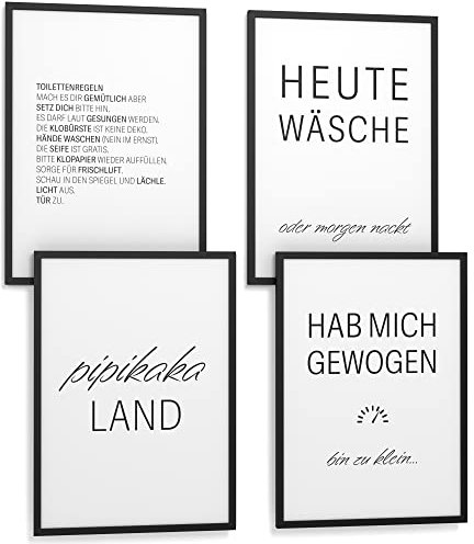 Papierschmiede® Premium Spruchbilder Set 4er mit Rahmen, DIN A3 fertig gerahmt (Material und Farbe wählbar) Motiv: Badezimmer & WC, Typografie Wanddeko für Zuhause
