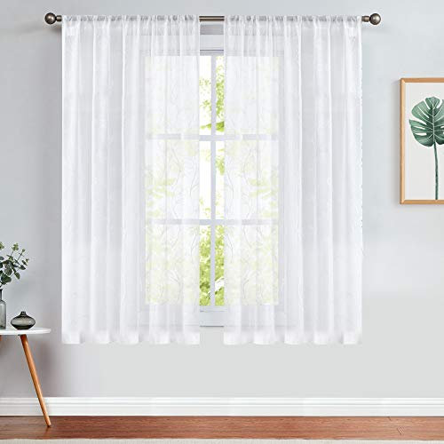 TOPICK Sheer Vorhang Voile Stangedurchzug Blätter Stickerei Gardine lichtdurchlässig Weiß Blatt Vorhänge Gaze Paarig für Wohnzimmer Schlafzimmer H145xB140(cm) 2er Set
