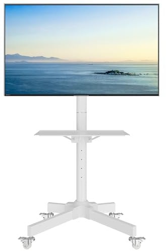 BONTEC Mobiler TV Ständer auf Rollen für 23-60 Zoll Plasma/LCD/LED Fernseher, Tragbarer TV Ständer mit Tablett, Höhenverstellbares Rollbarer TV Wagen bis zu 40kg, max. VESA 400x400mm (Weiß)