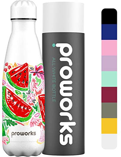 Proworks Edelstahl Trinkflasche | 24 Std. Kalt und 12 Std. Heiß - Vakuum Wasserflasche - Isolierflasche für Sport, Laufen, Fahrrad, Yoga und Camping - 500ml - Alles weiß - Wassermelone Brise