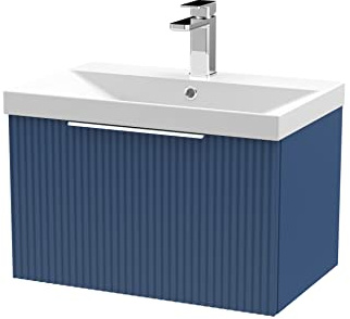 Hudson Reed DFF394D Fluted Modern Bathroom Wall Hung 1 Drawer Vanity Basin Unit with Thin-Edge Ceramic Basin, 600mm, Satin Blue