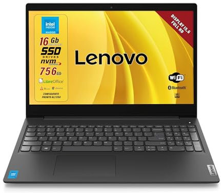 Lenovo, Pc portatile notebook pronto all'uso, Display FHD da 15,6, cpu N4500, ram 16Gb, sshd 756Gb, W11, computer portatile con pacchetto Libre