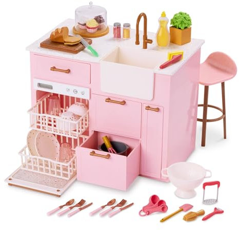 Our Generation Cooking Island Playset - 34-Piece Kitchen Island with Realistic Features - Fun Accessories for 18-inch Dolls - Doll Furniture and Accessories Compatible - Ages 3+