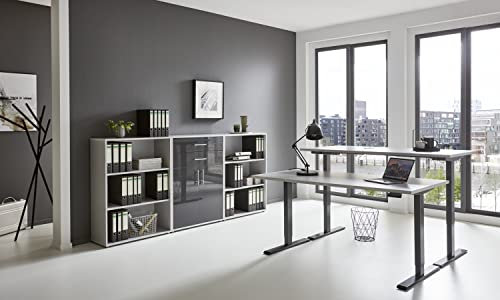 e-Office Edition Set 14 Büromöbel-Set (Gestell: Anthrazit, Korpus-Front: Lichtgrau/Anthrazit Hochglanz, Tischplatte: Lichtgrau, Abmessung Tischplatte: 138 x 67 cm)
