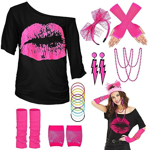 WILDPARTY 80er 90er Jahre Outfit Damen, T-Shirt, Beinwärmer, Stirnband, Ohrring, Halskette, Netzhandschuhe, 80er 90er Jahre Kostüm Mottoparty Accessoires Kleidung Neon Party Karneval JD