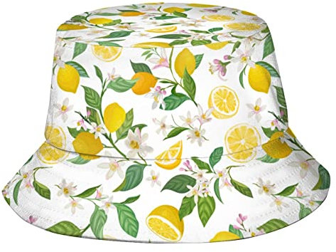 QQIAEJIA Unisex Sommer Obst Zitrone Eimer Hut, Sommer Strand Sonnenhut Fischerhüte für Frauen Männer Teenager, verstaubare Outdoor-Kappe, Weiße Blume und Zitrone, One size