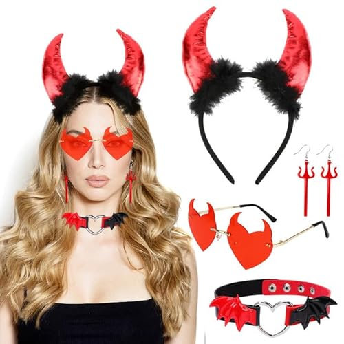 HOWAF Halloween Devil Costume Women, Red Devil Horns Headband, Choker Necklace, Glasses, Earrings for Carnival Halloween Costumes Women