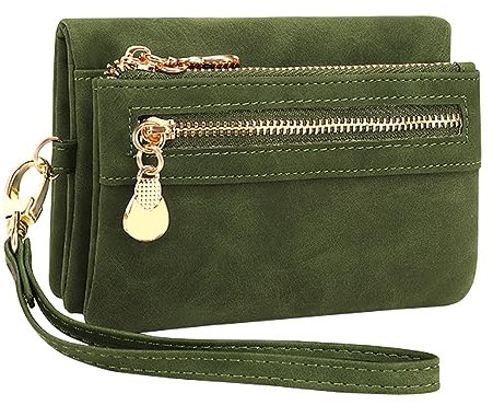 REETEE Portefeuille Femme Petit Porte Monnaie Femmes en Cuir PU Court Porte Feuilles pour Femme avec 10 Porte-Cartes, Portefeuilles Femme avec Zippé Pochette à Monnaie et Bracelet amovible(vert foncé)