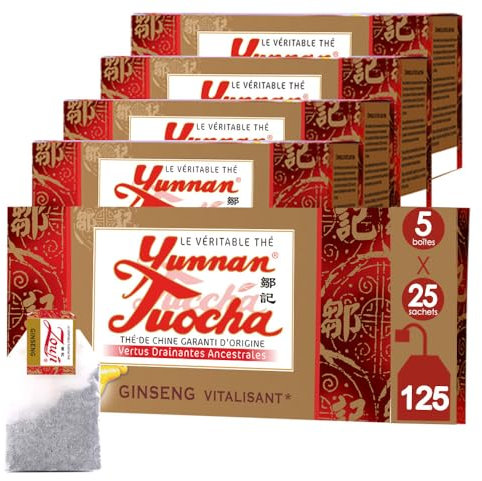 Yunnan Tuocha Zouji- Tè Nero Rivitalizzante al Ginseng Tuocha- 125 Filtri (Confezione da 5 x 25) - 250g - Autentico Tè Cinese d'Origine