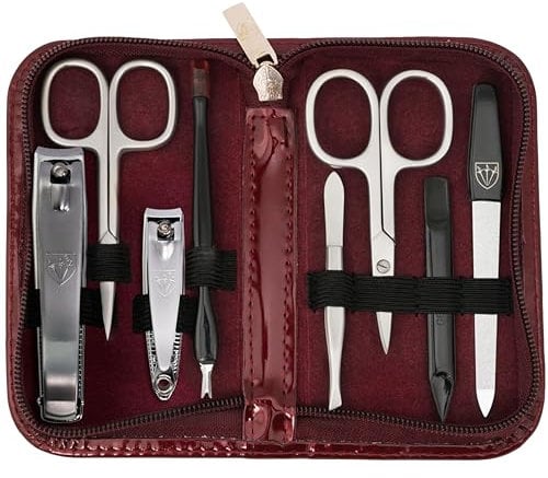 3 Swords Germany - brand quality 8 piece manicure pedicure grooming kit set burgundy synthetic leather case in gift box, Made by 3 Swords