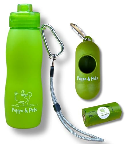 Peppo and Pets-Pack Completo-Incluye: Botella Pipi Perro silicona-400 ml-Válvula Anti Goteo-Chorro a presión+ DISPENSADOR DE CAÑA DE Bambu+15 Bolsas Caca Perro Mezcla ALMIDÓN DE MAIZ (Verde)