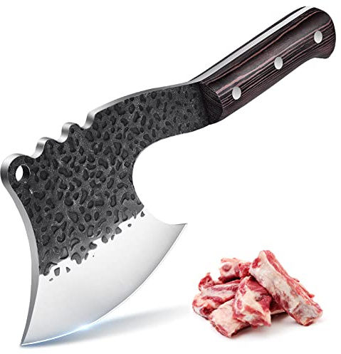ROCOCO Meat Bone Cleaver Knife for Meat Cutting Handmade Heavy Duty Butcher Axes Hand Forged Full Tang Chopper for Kitchen Outdoor BBQ Chirstmas Mother Father Gifts Idea Men Black