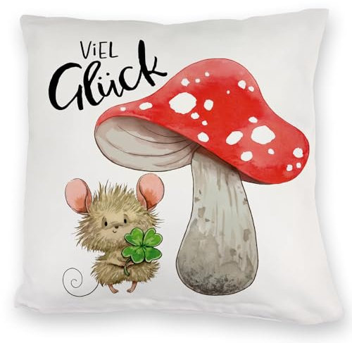 Maus mit Fliegenpilz Kuschelkissen mit Spruch Viel Glück Aquarell Klee Pilz - Glücksbringer für Gesundheit Grüße vom Bett