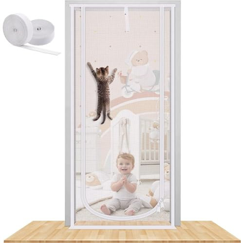 Katzengitter Für Tür 95cm X 205cm, Anti Katzen Netztür Mit 3 Größen Für Hunde Katzen Mücken,Trenngitter Katzentür Für Wohnzimmer Küche Schlafzimmer, Katzentürgitter Ohne Entkommen Mit Reißverschluss(S