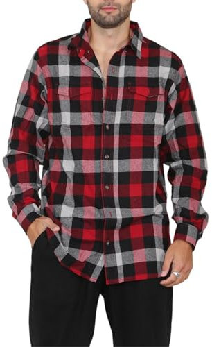 MBN Mens Flannel Check Shirt Cotton Long Sleeve Soft Lumberjack Casual Outdoor Shirt Red Grey Large