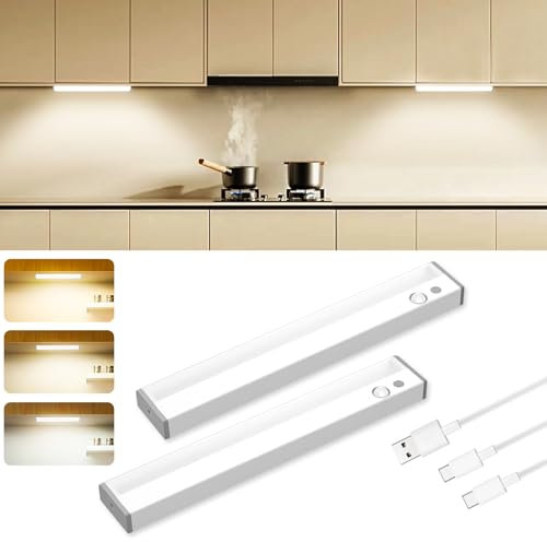 ALUSSO LED Under Cabinet Lights with Motion Sensor, Brightness and Color Temperature Control (3000K/4000K/6500K) Closet Lights, 30cm USB Rechargeable Night Light for Stairs, Bedroom, Set of 2
