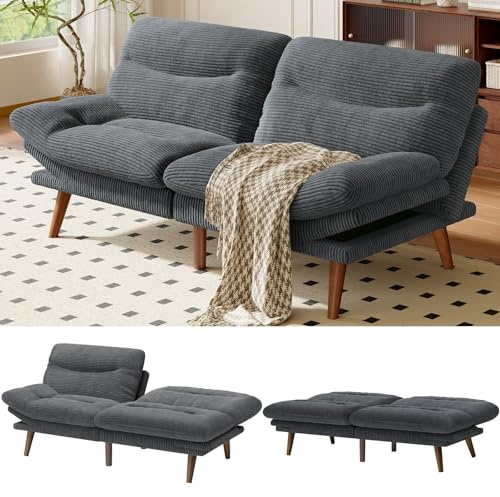 Amada Convertible Corduroy Futon Sofa Bed, 66 inch, Gray