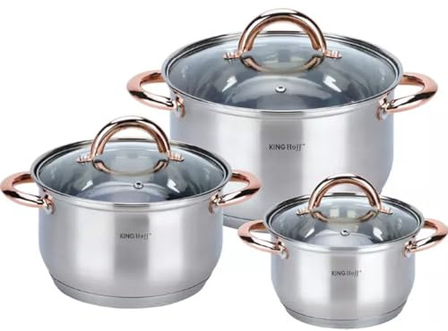 Kinghoff Topfset Induktion 6-teiliges, Kochtopf Set mit Glasdeckel, Kochgeschirr aus Edelstahl außen mattiert, Töpfe Set, Geeignet für alle Herdarten, Spülmaschinenfest,