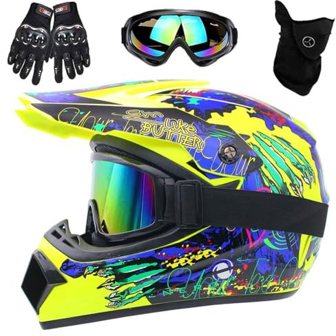 Motorradhelm, DOT-Zertifizierter Integralhelm für Dirtbikes, für Kinder, Jugendliche und Erwachsene, Motocross-Helm Mit Maske, Schutzbrille und Handschuhen(Yellow Claw,M(54-55cm))