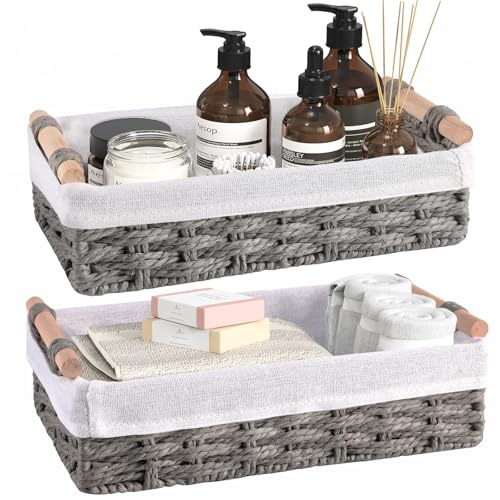 HomeHacks 2 Pack Storage Basket Wicker Baskets for Organizing with Handle Decorative Storage Bins for Countertop Toilet Paper Basket for Toilet Tank Top Small Baskets, Gery