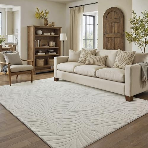 PureCozy Creme Teppich Wohnzimmer 140x200cm Boho Schlafzimmer Waschbarer Teppiche 3D Effekt Kinderzimmer Balkon Bettvorleger Gegend Esszimmer Flauschig Kurzflor Groß Carpet