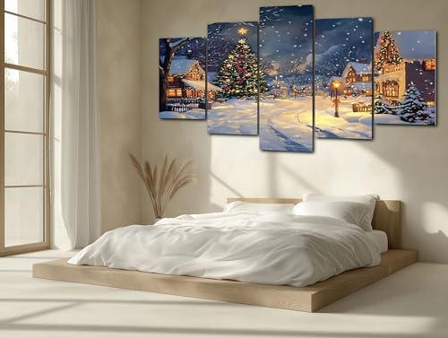 ZORYAN 5 Teilig Wanddeko für Wohnzimmer Weihnachten Dorf Leinwandbilder | Modern Winter Schneelandschaft Großes Gemälde für Schlafzimmer Landschaft Weihnachtsbaum Bild Set für die Wand