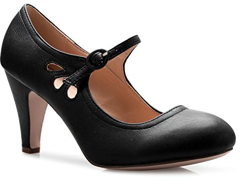 OLIVIA K Womens Kitten Heels Mary Jane Pumps - Adorable Vintage Shoes- Unique Round Toe Design With An Adjustable Strap, Black, 9 B(M) US