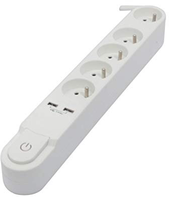 CHACON Bloc Multiprise 5 Prises avec Interrupteur Design + 2X USB, Bloc 5 Prises Blanc - 3m