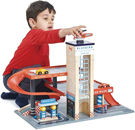 Tender Leaf Toys Blue Bird - Stazione di Servizio in Legno con Elicottero e 3 Auto