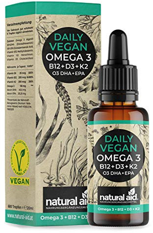 natural aid Daily Vegan Omega 3 [100% vegan] 20ml Tropfen laborgeprüft o. Zusätze in DE hergestellt Algenöl Omega3 DHA B12 D3 K2 Omega 3 EPA hochdosiert