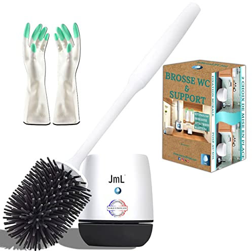 Brosse WC en Silicone & Support Mural | JaMoonLBV JmL® Marque Française | Nettoyage Hygiénique Facile | Balai de Toilette | Balayette Antibactérienne, Hygiénique | Long Manche & Support Suspendu