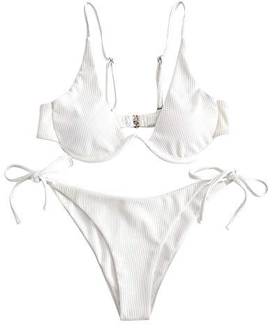 ZAFUL Damen Zweiteiliger Bügel Bikini-Set, Leopardenmuster Criss Cross Push Up High-Cut Gepolsterte Bikini Badeanzug (A-Weiß,M)