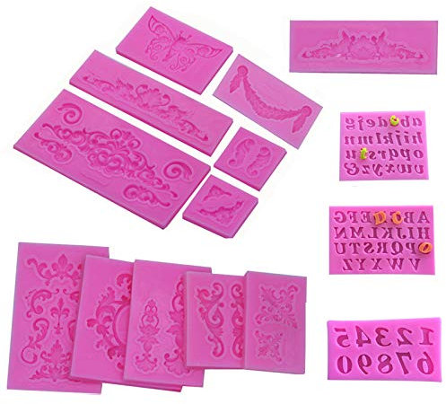 Molde de Silicona para Pasteles 15 piezas, Flor de Encaje Retro Relieve Silicona Decoración Fondant de azúcar Molde para herramienta de decoración de marco europeo