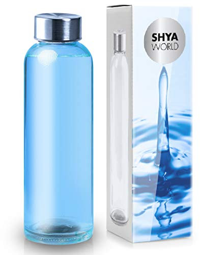 ShyaWorld Botella De Cristal para Agua Cuerpo de Acabado Transparente Tapón a Rosca en Acero Inoxidable. Cajas Individuales por Botella. (Azul, 500ml (1PCS))