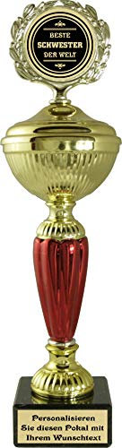 Pokal mit hochwertigen Alu Emblem und Wunschtext auf Sockelschild (Beste Schwester)