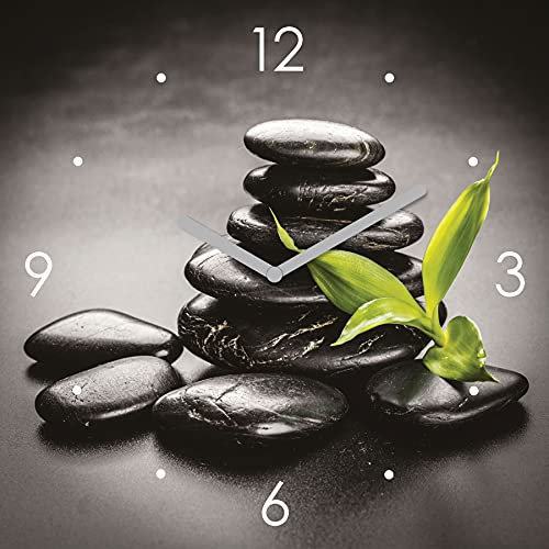 levandeo Wanduhr Glas 30x30cm Zen Steine Grün Schwarz Glasuhr Uhr Glasbild Yoga Wellness Asia Deko