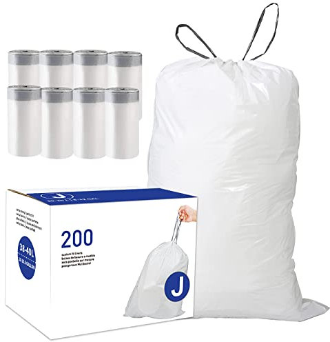 Code J (200 Count) 10-10.5 Gallon Heavy Duty Drawstring Plastic Trash Bags Compatible with simplehuman Code J | 1.2 Mil | White Drawstring Garbage Liners 10-10.5 Gallon/38-40 Liter