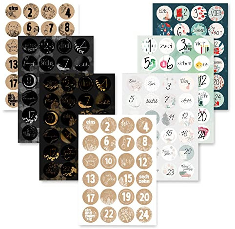 Adventskalender Aufkleber Set (Zahlen 1-24) - 7 x 24 Sticker für Kalender zum selber basteln für Weihnachten - Adventskalenderzahlen Etiketten selbstklebend - Zahlenaufkleber - Nummern Papiertüten