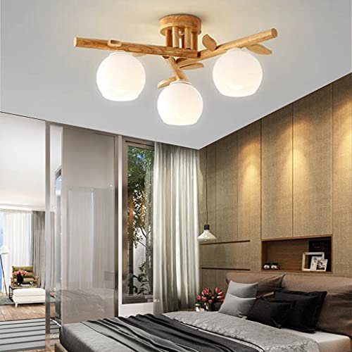 Lampe plafond Bois Massif E27 Couleur Bois Plafonnier Créatif Intérieur Salon Lampe Abat-Jour En Verre Pays Style Pastoral Lustre Salle À Manger Chambre Cuisine Bar Table À Manger Éclairage,3 heads