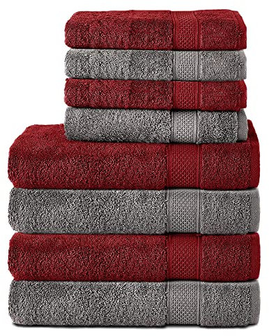 Komfortec 8er Handtuch Set aus 100% Baumwolle, 4 Badetücher 70x140 und 4 Handtücher 50x100 cm, Frottee, Weich, Towel Groß, Anthrazit Grau/Aurorarot