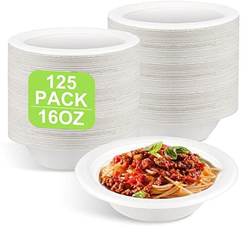 GREENESAGE 125 Pack Disposable Bowls 16oz - Eco-Friendly, Sugarcane Strong White Large Soup Bowls for Thanksgiving Party, Hot Food