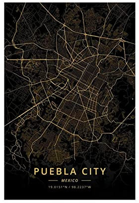 RIPEX Puebla Stadt Mexiko Karte Poster Leinwand Poster Schlafzimmer Dekor Sport Landschaft Büro Zimmer Dekor Geschenk ohne Rahmen Stil 30 x 45 cm