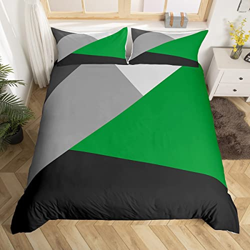 Homewish Geometric Patchwork Duvet Cover Set with 2 Pillowcases - Double Size, 100% Soft & Breathable Polyester, Zip Closure - Green Black Gray Bedding - Modern Simple Pattern with Black Reverse