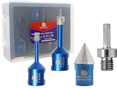 Forets Carrelage Diamant 6/8mm - BRSCHNITT fraise diamant 20mm Brasé Sous Vide et Trépans avec Filetage M14 pour Perçage à sec en Porcelaine Carrelage Granit Marbre&adapter