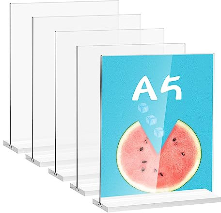 Doafoce 5 Stück Acryl Schilderhalter T-Ständer A5 Tischaufsteller Ständer Transparent Plastik Tisch Aufsteller für Restaurant Speisekartenhalter, Fotorahmen und Menükartenhalter Hochzeit