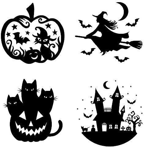 GORGECRAFT 4 Estilos Halloween Window Clings Calabaza Castillo Bruja Gato Negro Pegatinas Estáticas para Ventana Pegatinas Película de Vinilo No Adhesiva para Puerta Corredera de Vidrio Decoración