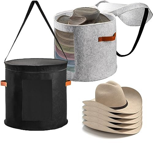 SOUJOY 2 Stück Hut-Aufbewahrungsbox, 48,3 cm D x 43,2 cm H, faltbare Filzspielzeug-Aufbewahrungsbox mit Deckel, großer runder Reise-Huteimer, Kleideraufbewahrungsbehälter für Männer und Frauen, Hut,